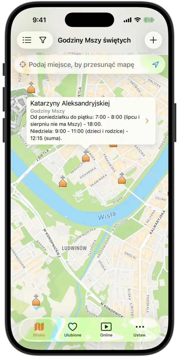 Godziny Mszy app - Mapa pobliskich kościołów katolickich
